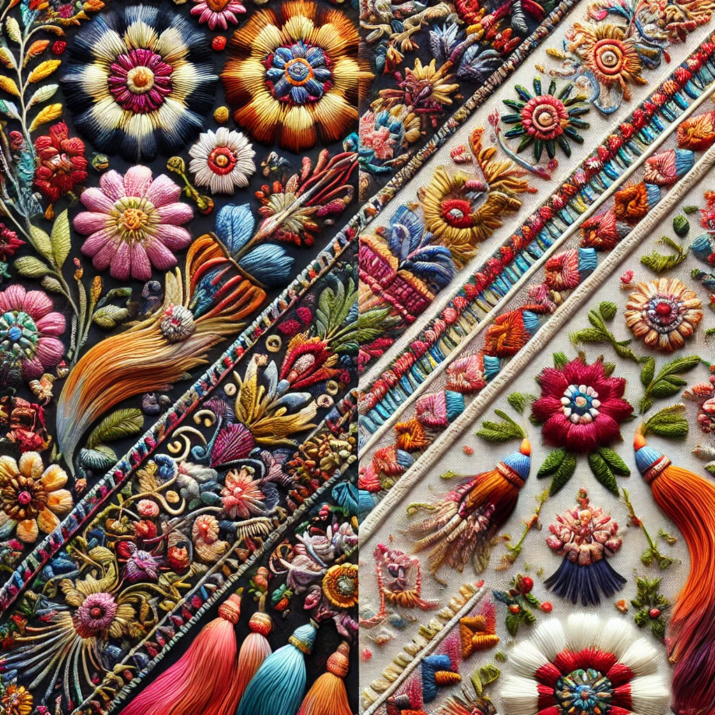 DALL·E 2024-08-19 13.10.38 - A vibrant split image showcasing intricate embroidery stitches on one side, featuring detailed floral patterns and textured threads in rich, vibrant c.webp